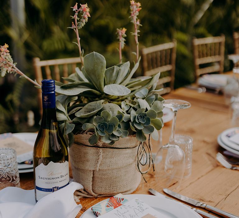 Tropical themed place setting with bottle of wine and succulents