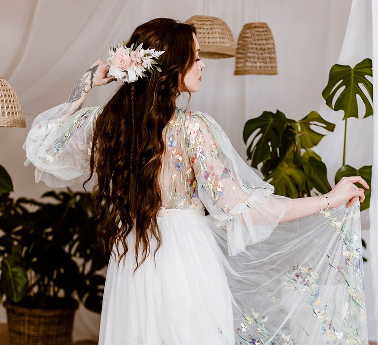 flower appliqué wedding dress with sheer sleeves and dried flower hair slide 