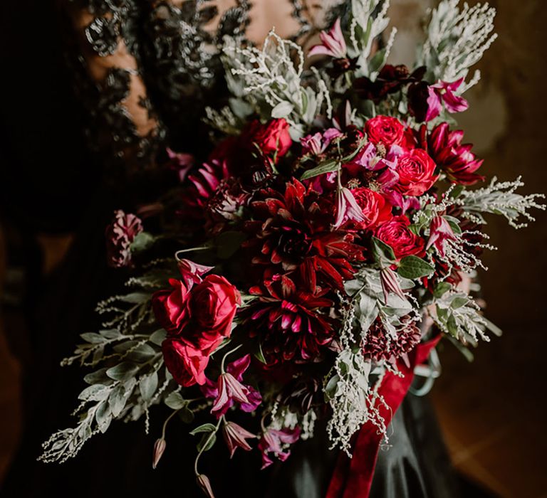 Red wedding flower bouquet for gothic style winter wedding 