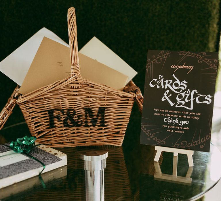 Wedding cards and gifts table with Fortnum & Mason gift hamper 