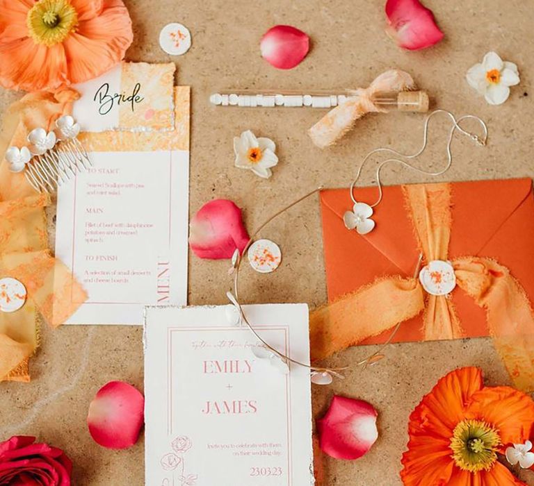 Citrus orange wedding stationery suite for citrus wedding theme idea 