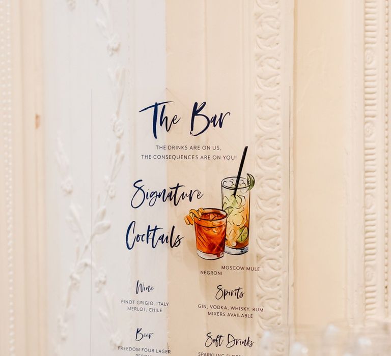 Acrylic cocktail menu at Carlton House Terrace wedding