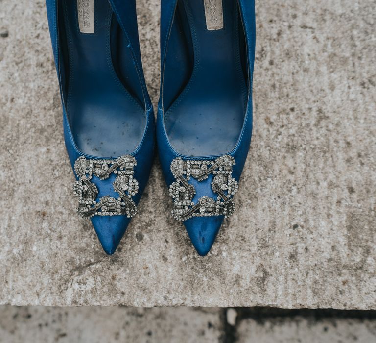 Blue pointed satin Dune heels with square silver buckle decoration at Came House Dorset Wedding