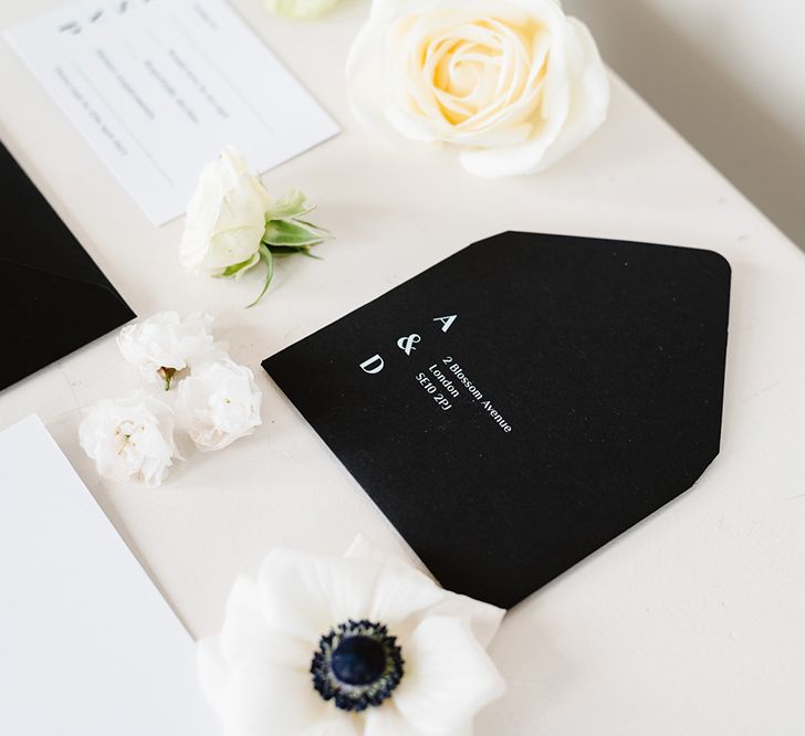 black and white wedding stationery. The invitation is white and the envelope is black.