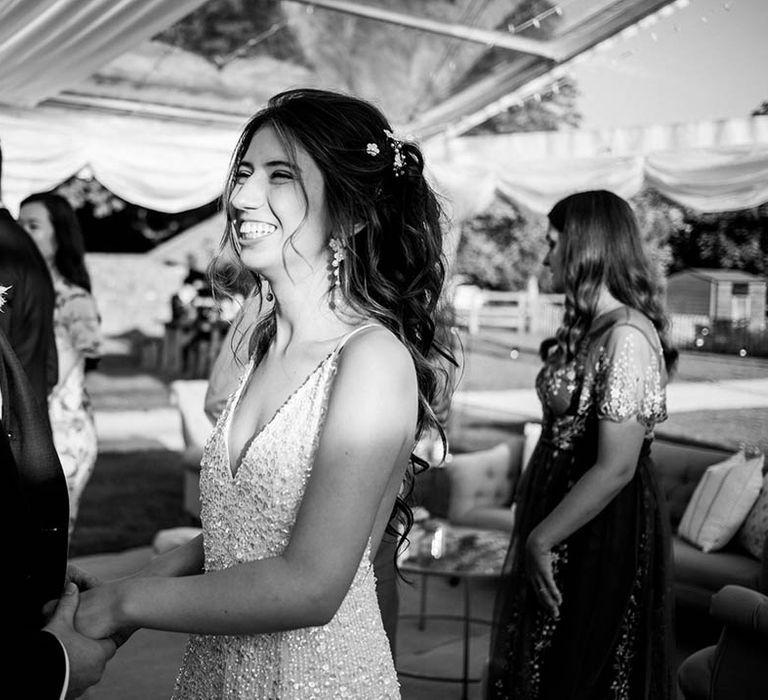 Black & white image of bride on her wedding day