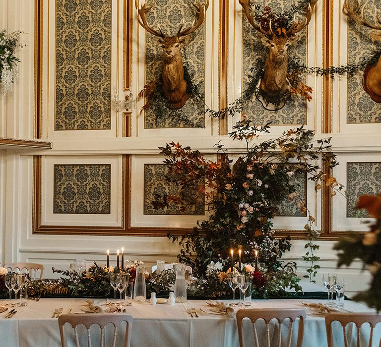 Drumtochty Castle wedding venue with gold details and black tapered candles for autumn wedding