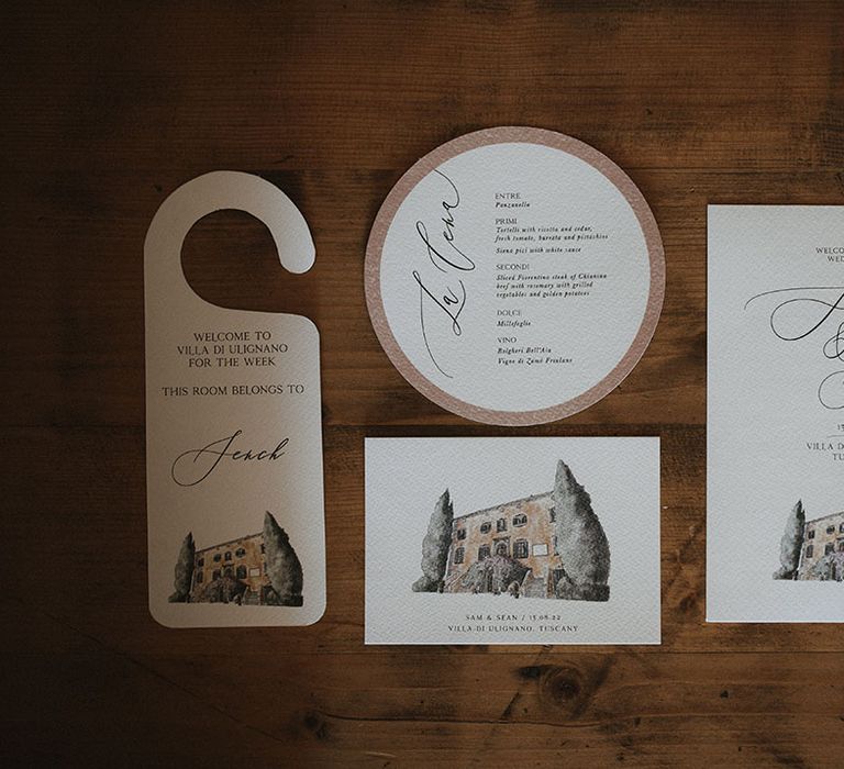 Classic wedding stationery with watercolour illustration of the Villa Di Ulignano