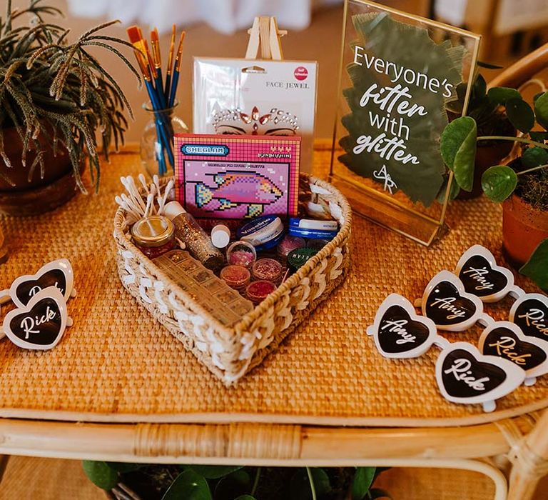 Glitter bar station and face gems for the wedding reception with personalised wedding sunglasses 