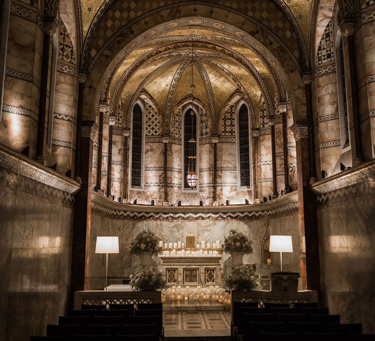 Fitzrovia Chapel wedding venue in London for twilight wedding ceremony 