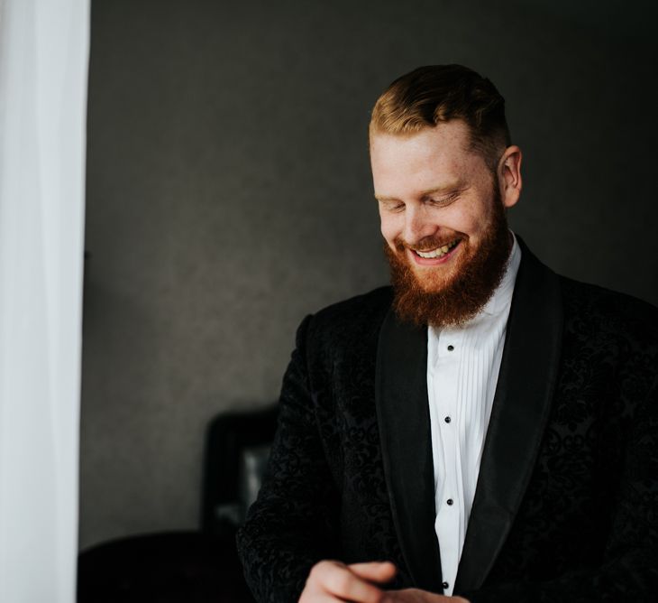 Groom in black Tuxedo in Damask Jacquard fabric