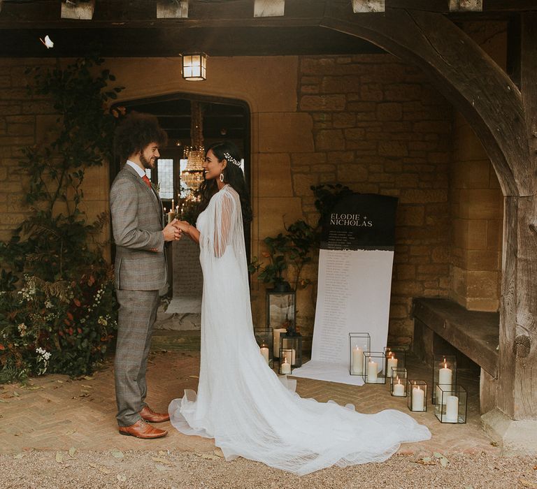 Autumn wedding ceremony decoration with foliage and lanterns 