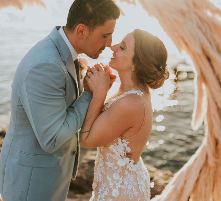 Pampas grass decor at pink and blue wedding