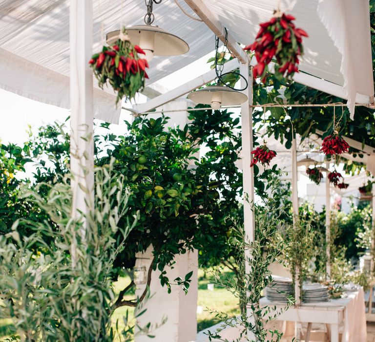 Olive leaf foliage and garland decoration with hanging chilli peppers and buffet table at outdoor Italian wedding