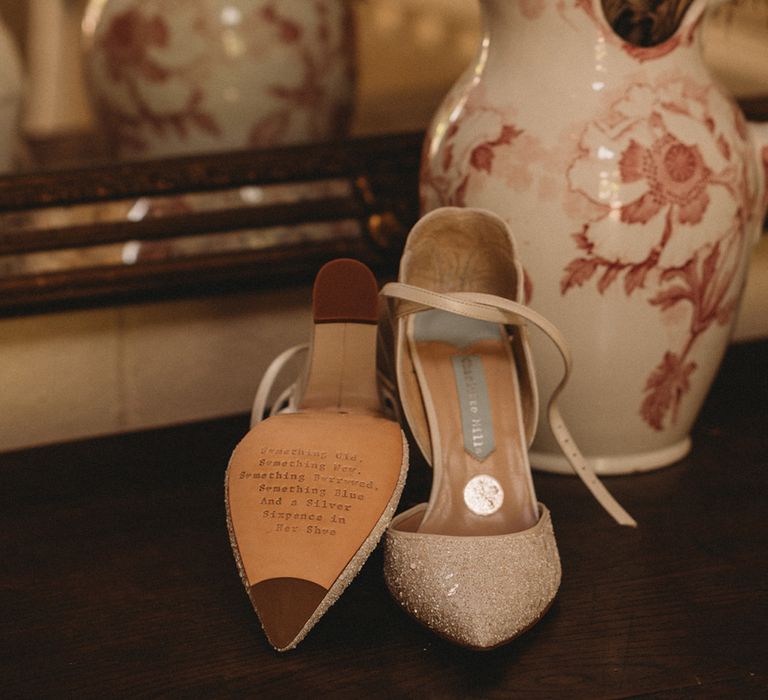 Charlotte Mills wedding shoes with something old, something new, something borrowed, something new inscription on the sole