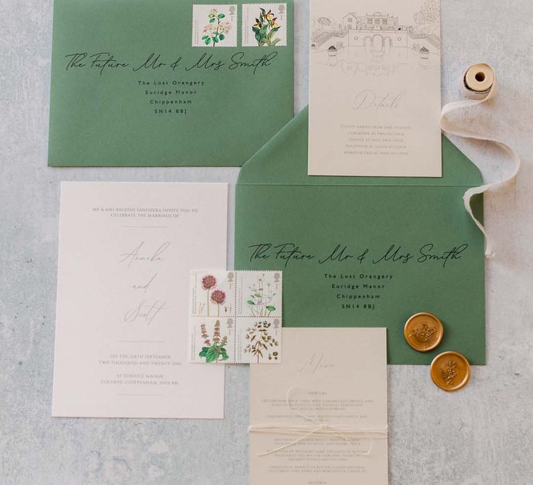 Classic pastel wedding stationery in pale green and creams with a French antique style 