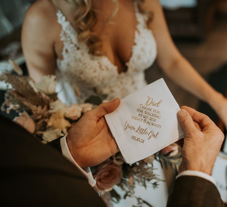 Personalised father of the bride message at rustic Lake District barn wedding