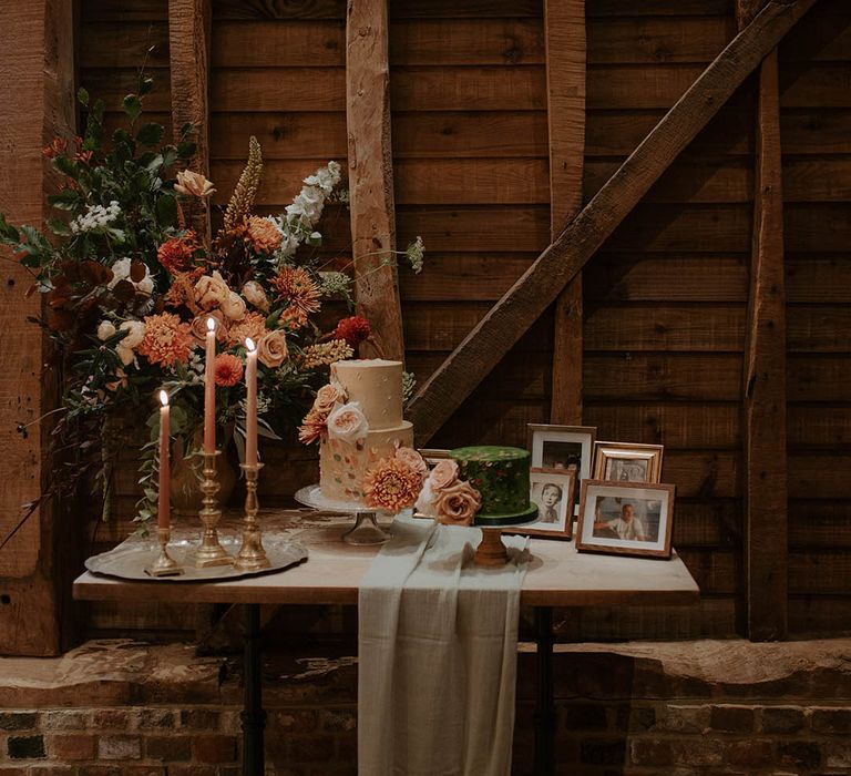 Wedding cake table at rustic wedding