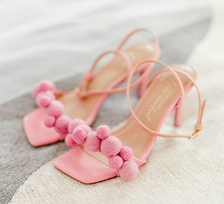 Pink wedding bridal high heels with square toe and pom pom detail 