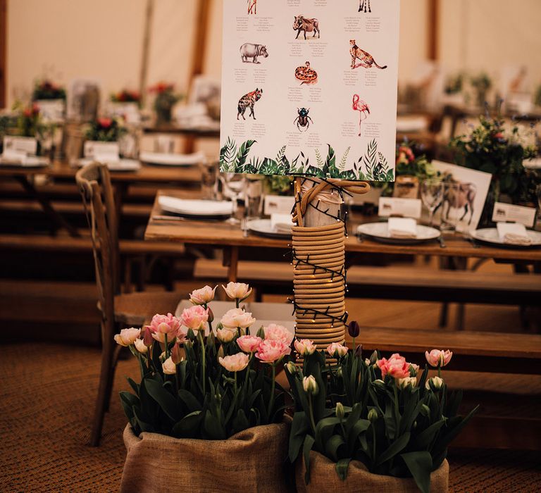 Pretty pink tulip wedding flower arrangements with animal inspired wedding seating chart 