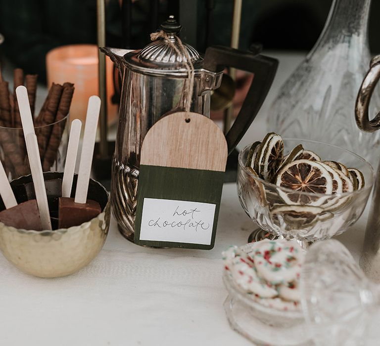 Christmas wedding in the South East with a hot chocolate winter drinks wedding station 