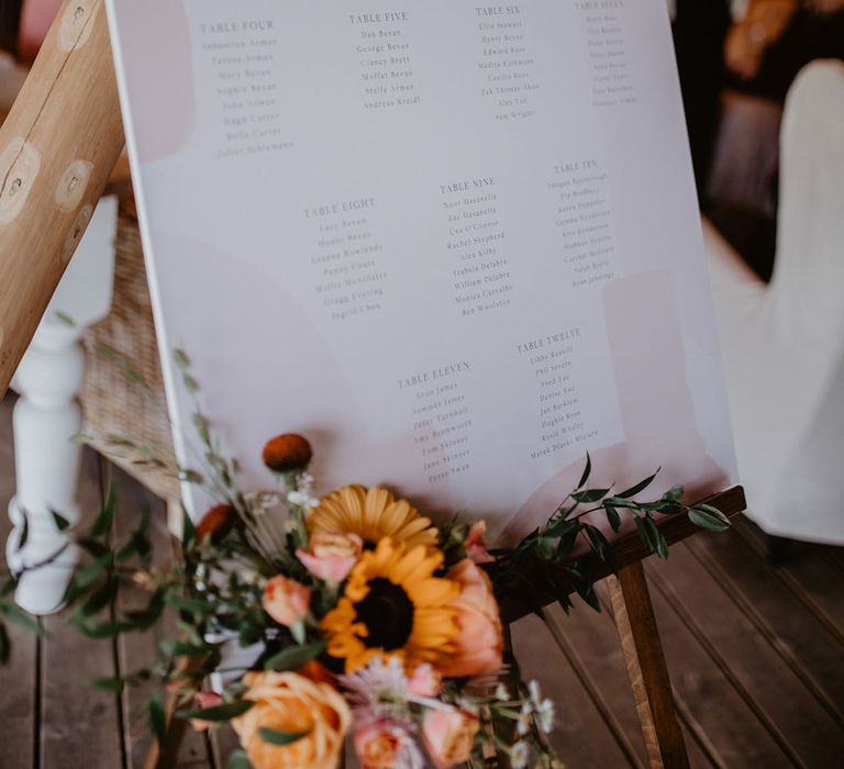 Pink and white wedding seating chart sign for spring wedding 