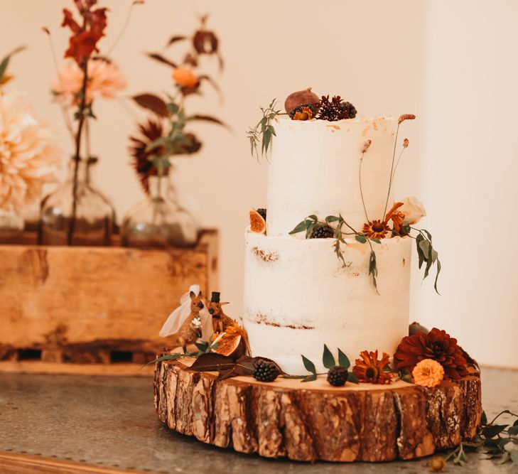 Rustic semi naked wedding cake on tree stump cake stand 