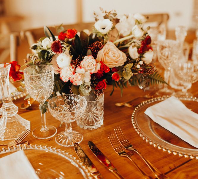 Wedding Breakfast Tablescape with Crystal Cut Glass with Red and White Florals