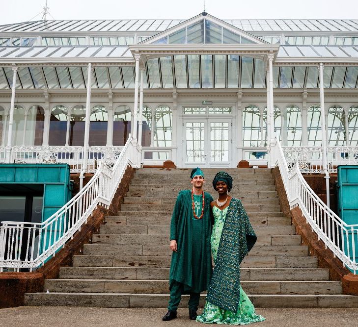 Bride and groom at The Isla Gladstone Conservatory fusion wedding 