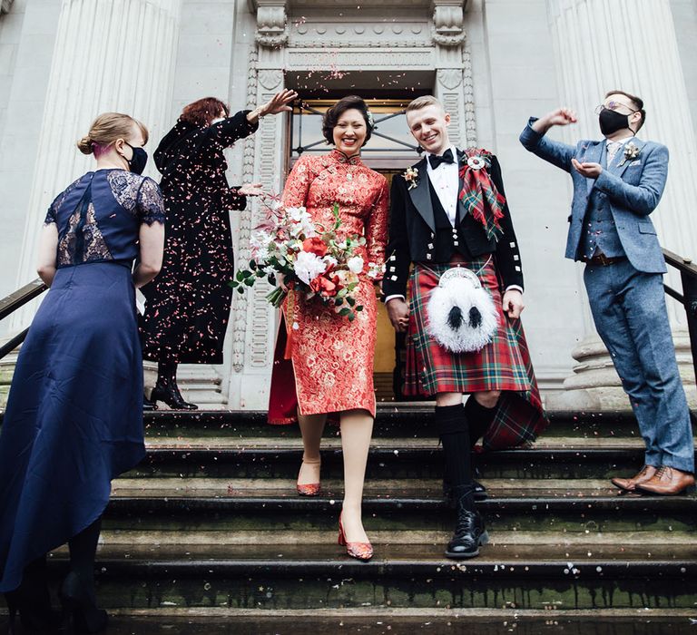 Confetti exit for bride and groom at Old Marylebone Town Hall wedding