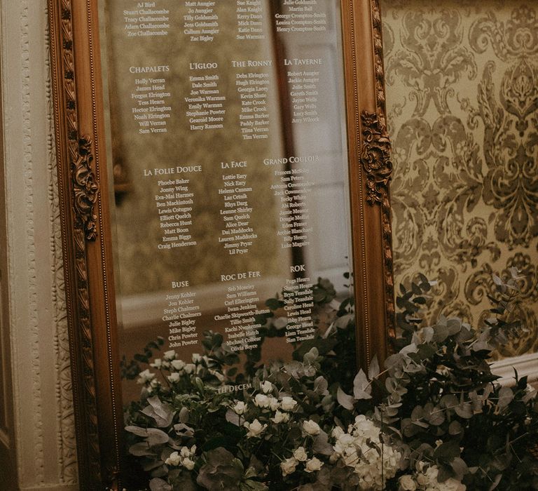 Golden framed mirror wedding sign at Hedsor House wedding