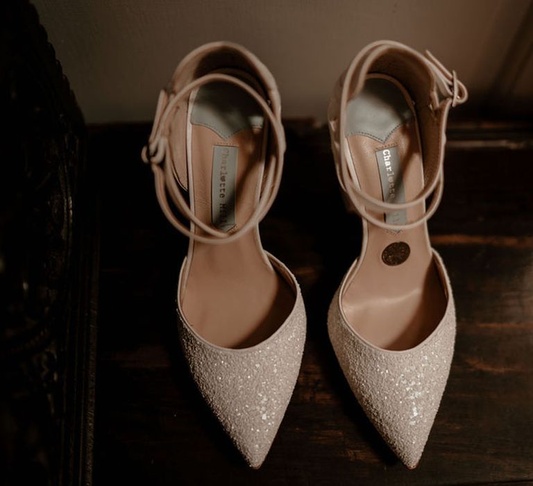 Pointed white glitter Charlotte Mills wedding shoes 