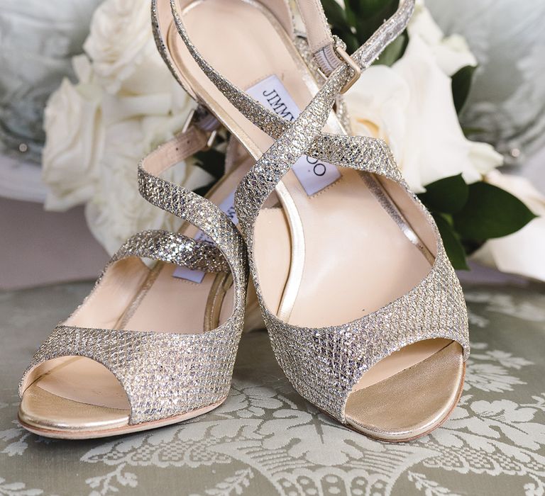 Sparkly metallic strappy Jimmy Choo wedding shoes 