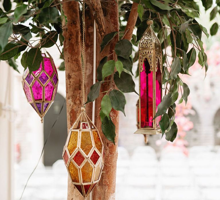 Authentic colourful Moroccan lanterns decorating the wedding venue 