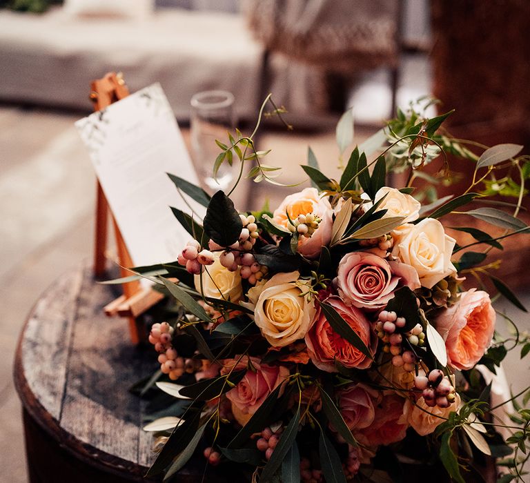 Peach and cream wedding bouquet for October wedding