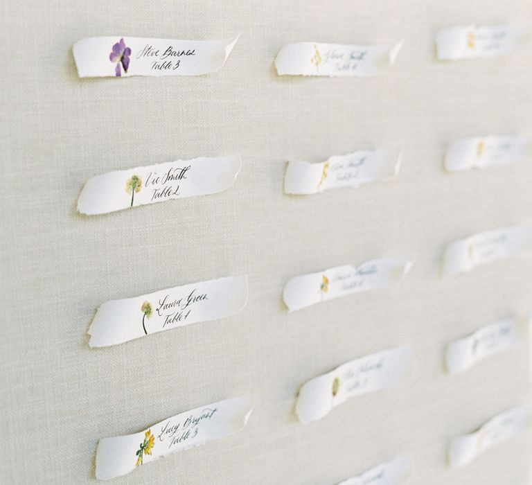 White ribbon place name seating plan for English garden party wedding