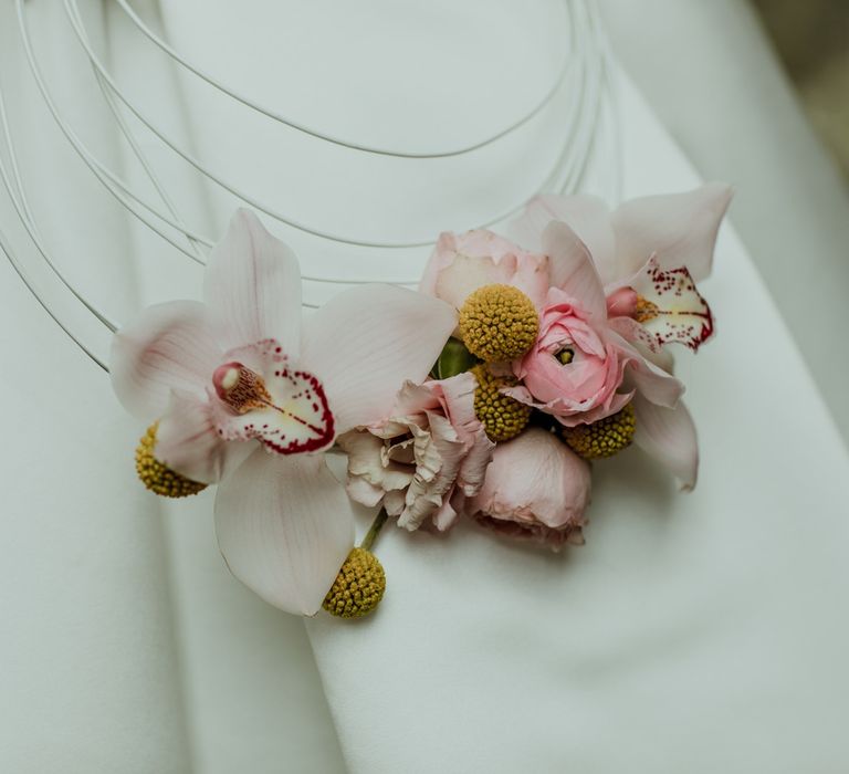 Vintage bridal flower hoop with orchids and pink peonies