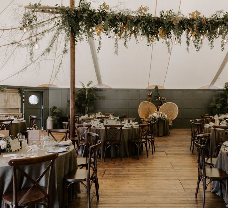 Tipi wedding reception venue with rustic feel and florals