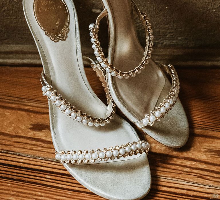 Rene Caovilla bridal wedding shoes complete with pearl straps to front and ankle 