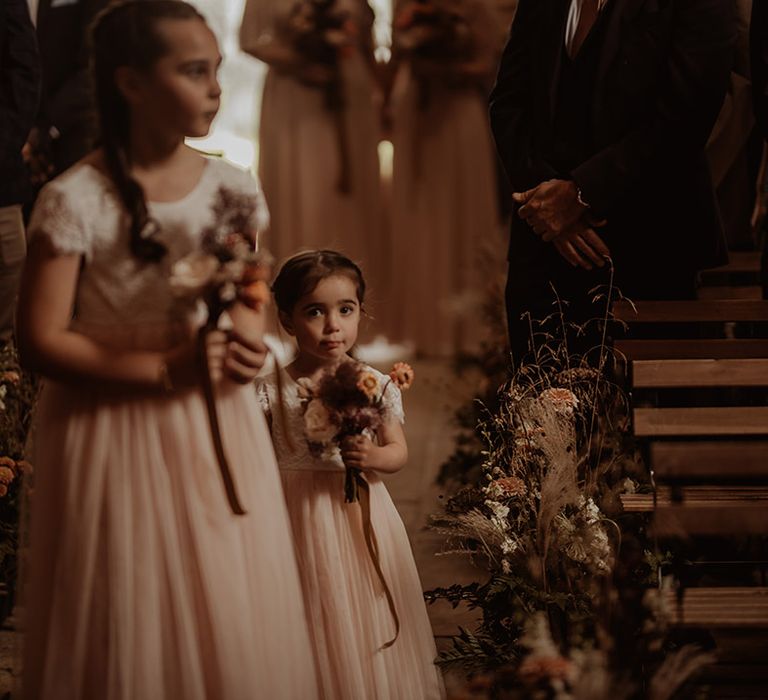 Flower girls in a white and pink tulle dresses for soft pink romantic rustic luxe wedding 