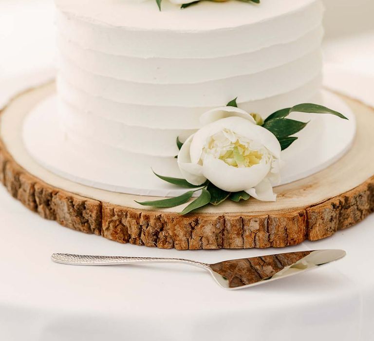 single tier white buttercream wedding cake on a rustic tree slice cake stand 