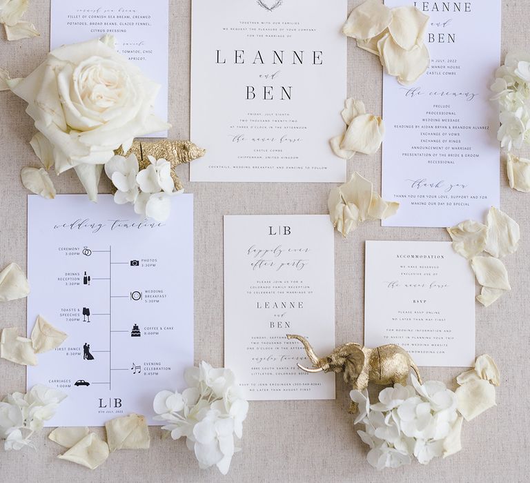 Classic luxury wedding stationery flatly with rose petals for traditional wedding at The Manor House, Castle Combe wedding venue 