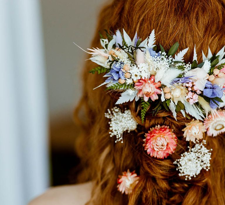 colourful preserved flower hair accessories for boho bride with long wavy hair 