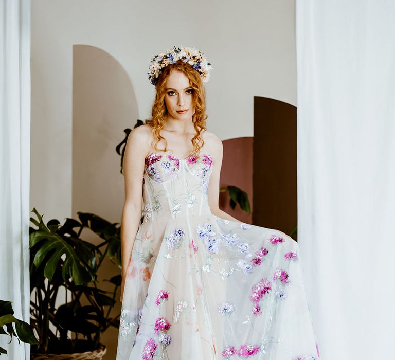 strapless hand-painted wedding dress and pastel dried flower crown