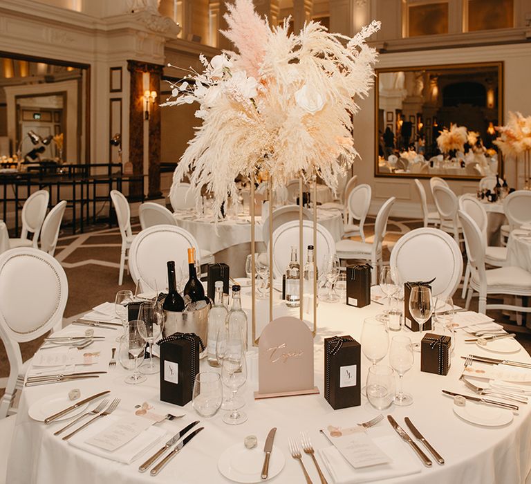 Boho tall table centrepieces with pampas grass and roses in blush pink and white 