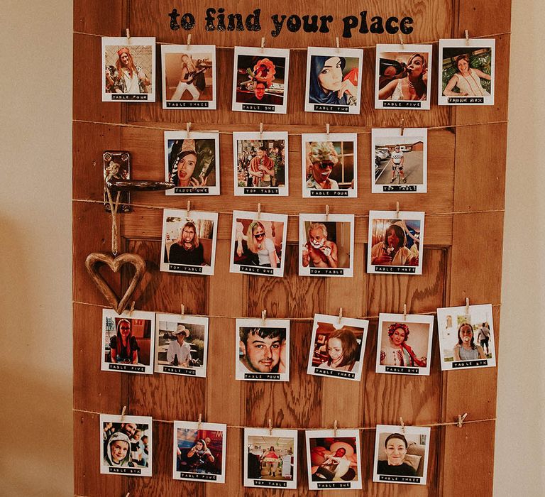 Polaroid photograph wedding table plan idea where guests have to find their face to find their seats 