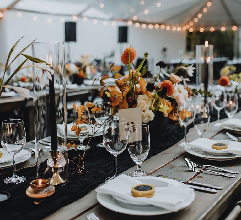 Black and orange autumnal gothic wedding tablescape 