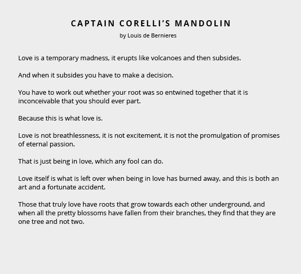 Captain Corelli's Mandolin Wedding Reading by Louis de Bernieres