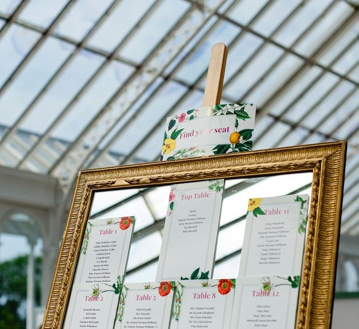 Botanical table plan on gold framed mirror