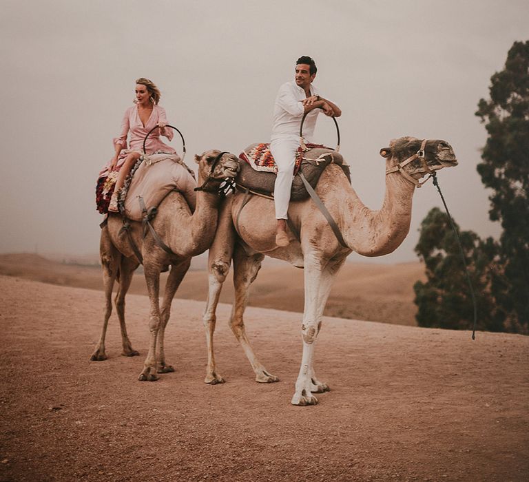 Bride and groom riding camels at Marrakech wedding 