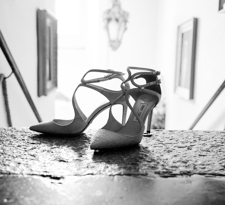 Sparkly silver and strappy Jimmy Choo wedding shoes